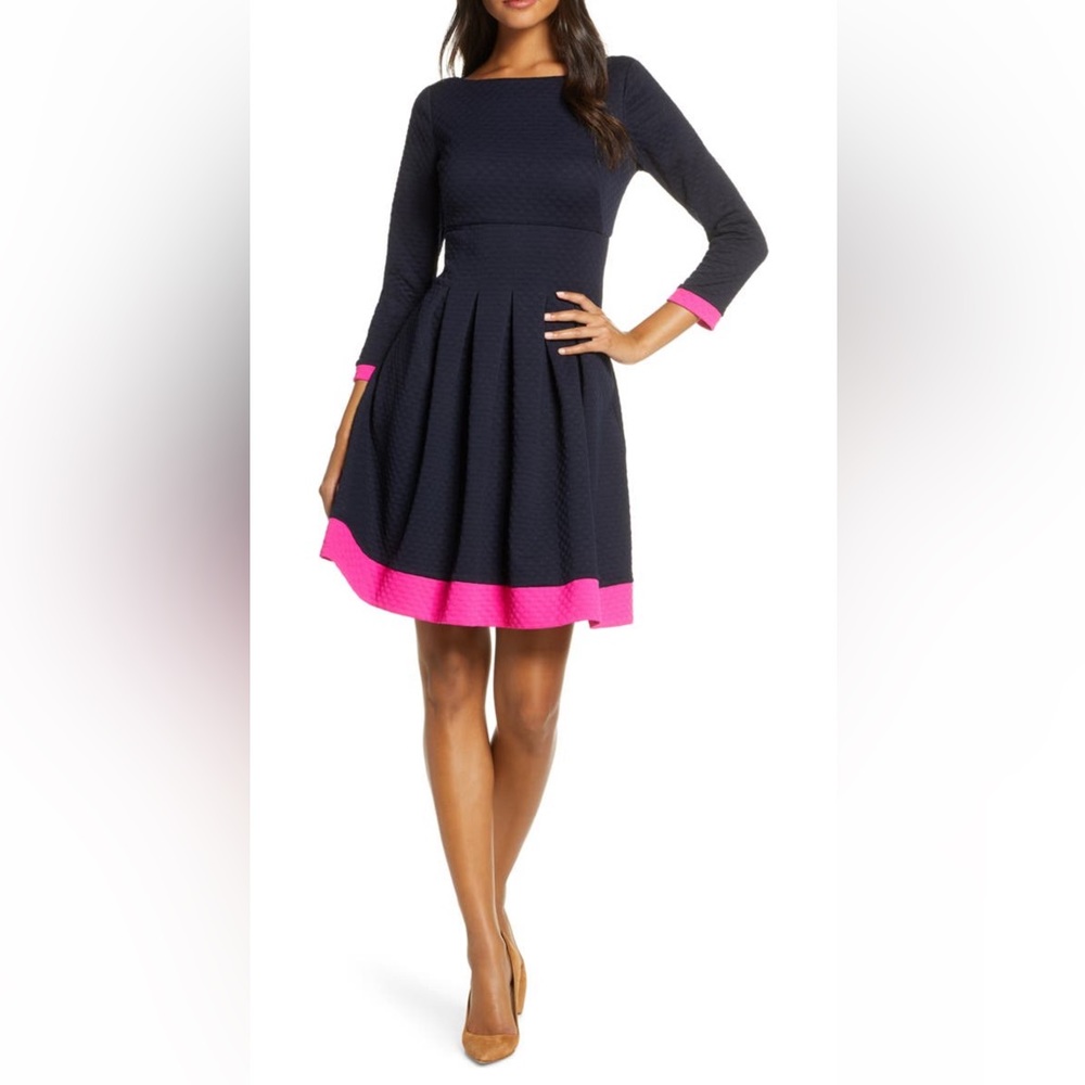 ELIZA J Dot Textured Fit & Flare Dress Navy with Pink Contrast Hems SIZE 8